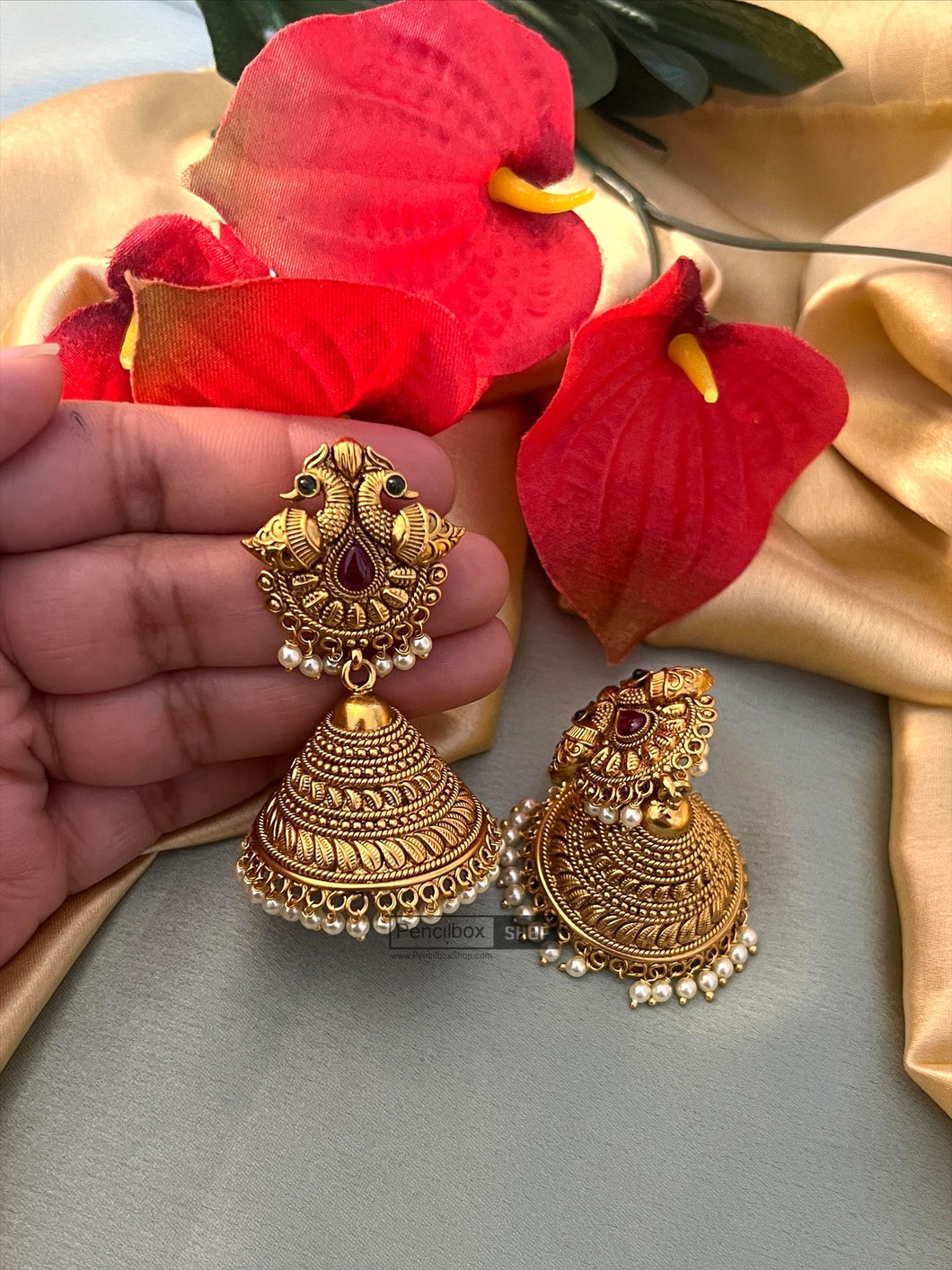 Peacock Bahubali Golden Jhumka Drop earrings