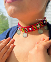 Load image into Gallery viewer, Handmade Mirror Coin Fabric Triangle Choker necklace set

