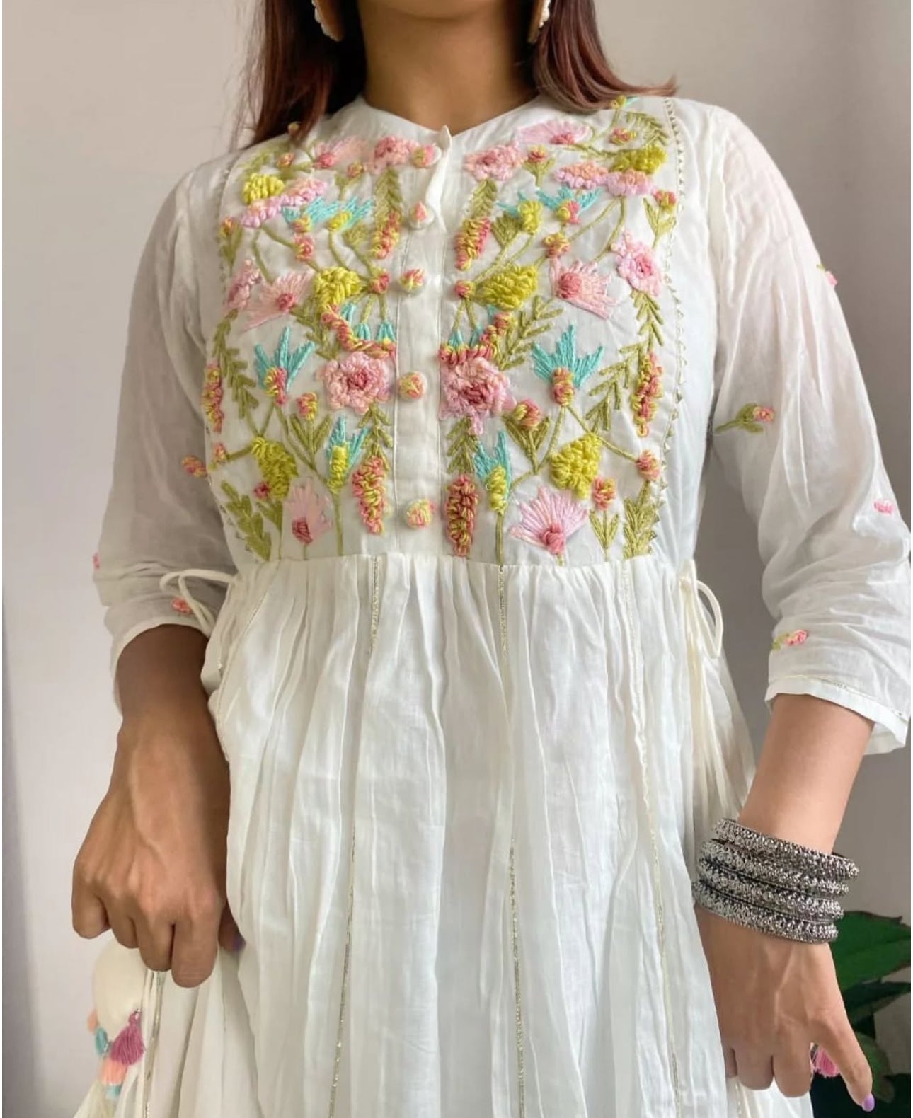 White Multicolor Thread Embroidery Long Dress Women Clothing 44