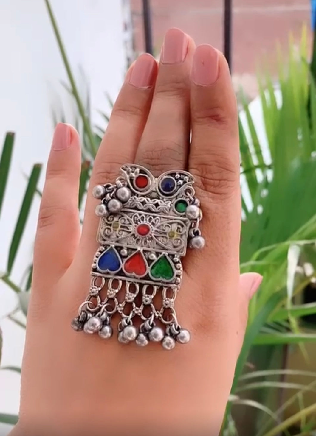 Afghani Adjustable heart Multicolor Ring ghungroo oxidised