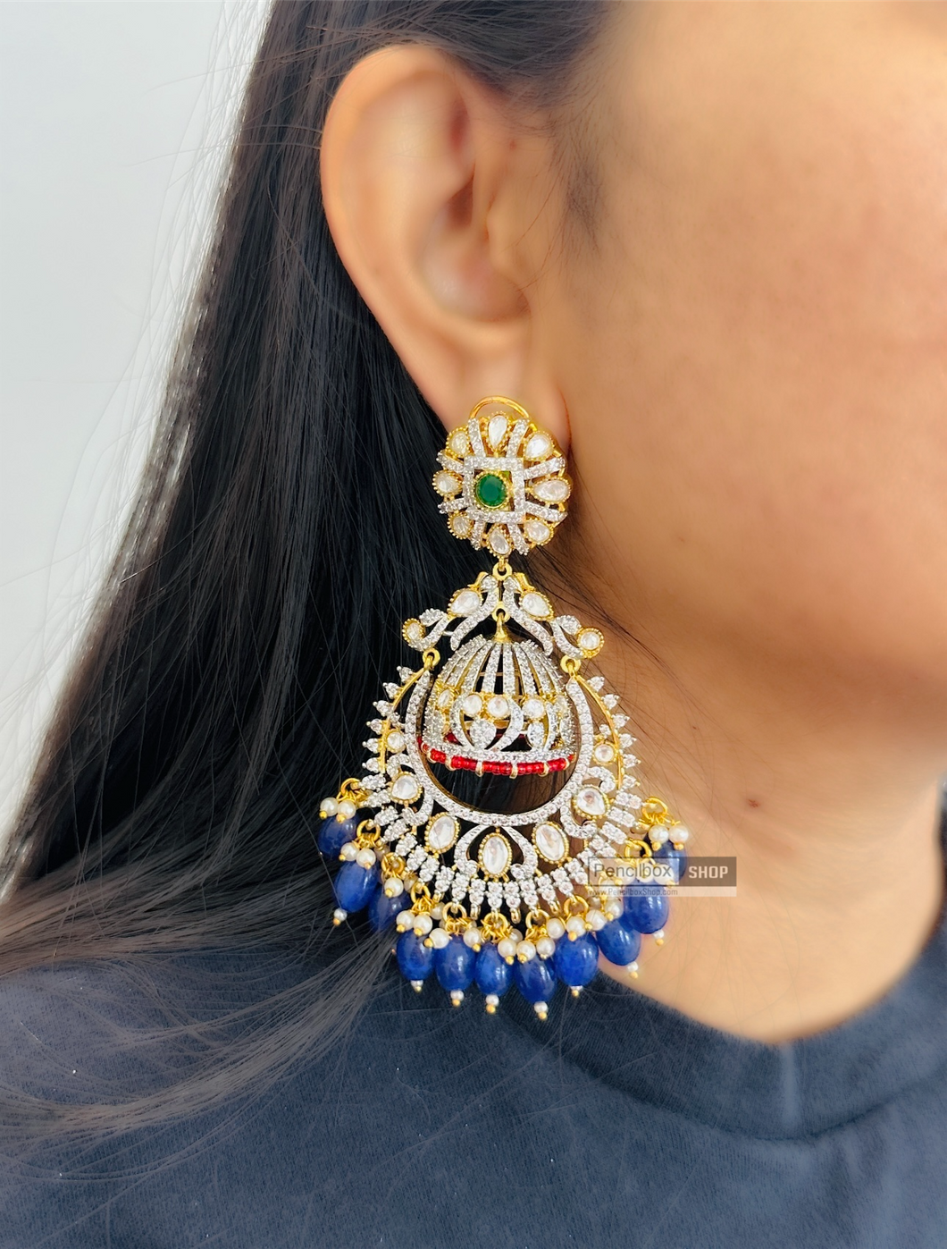 Blue Statement Kundan Cz Premium Double jhumka Earrings