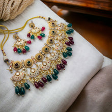 Load image into Gallery viewer, 22k gold plated Statement Ruby  Green Tayani Meenakari Necklace set
