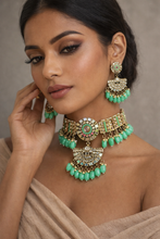 Load image into Gallery viewer, Mint Mirror Round Beads Hanging Choker necklace set with maangtikka
