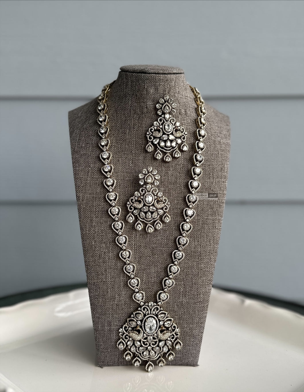 Ava White Turkish gold plated American diamond Antique long Peacock Premium Necklace set