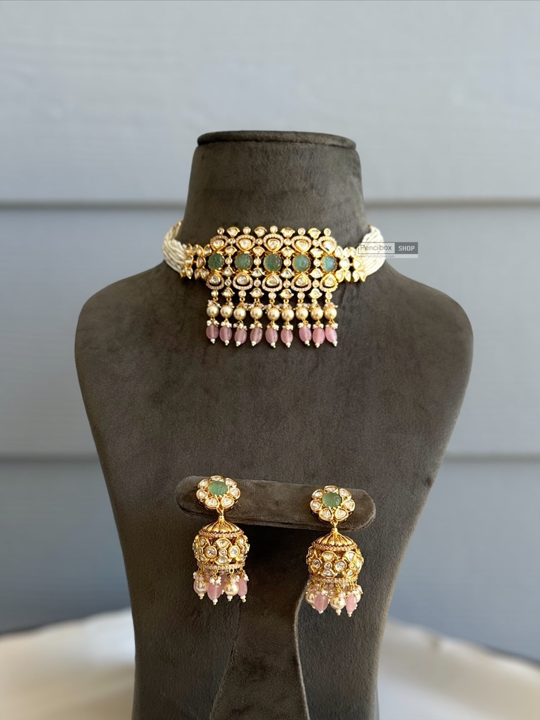 Tayani 22k gold Plated pink mint pearl Choker necklace set