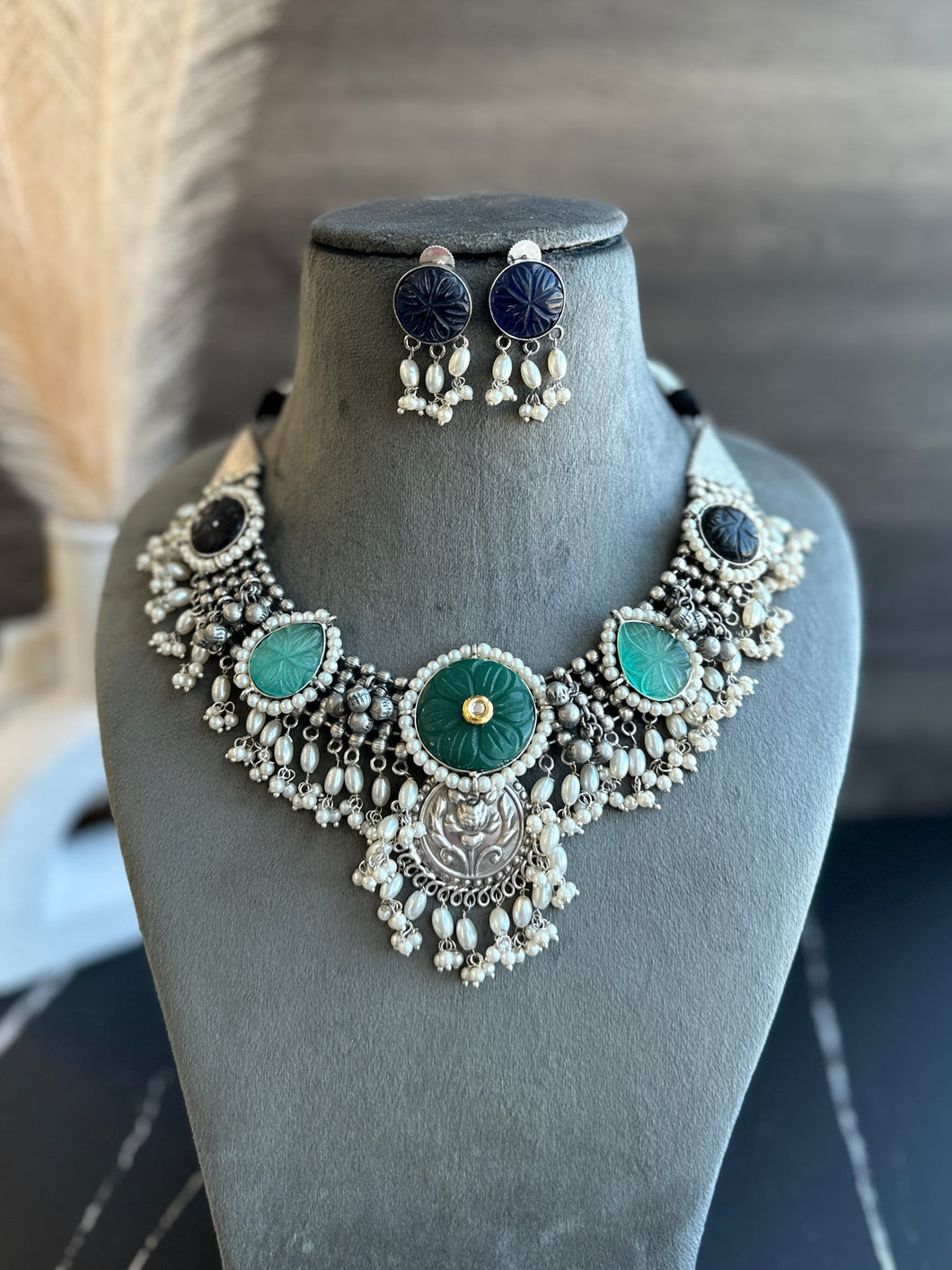 German Silver Carved Stone Pearl ghungroo Necklace set