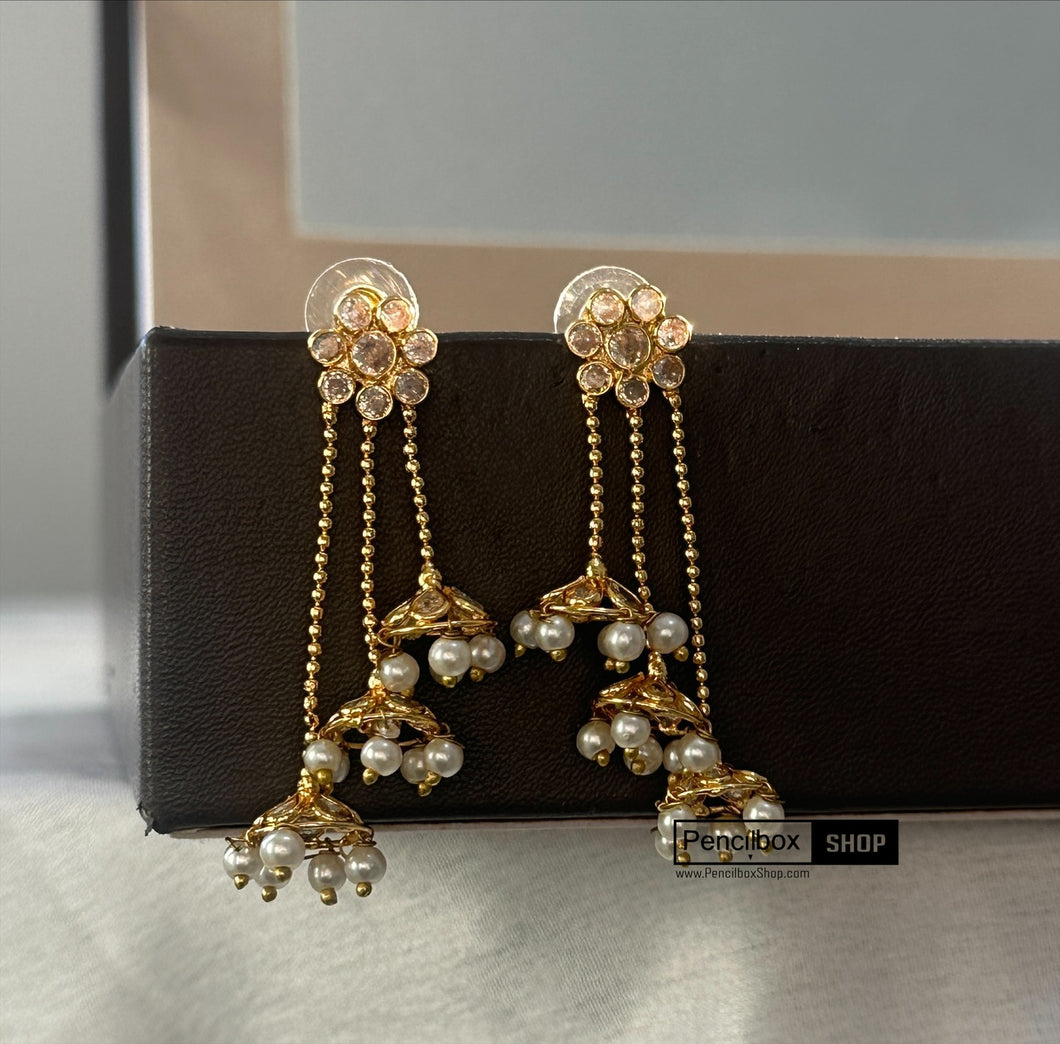 14k Gold plated Flower White tassel Pearl Temple earrings