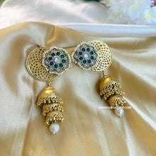 Load image into Gallery viewer, 92.5 Silver Coated Ghungroo Long Pachi Golden finish jhumka German silver earrings
