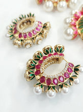 Load image into Gallery viewer, Moissanite Pearl Ruby Green Hoops earrings
