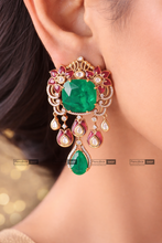 Load image into Gallery viewer, Green Ruby Doublet Premium Tayani 22k Gold Plated Dangling Earrings
