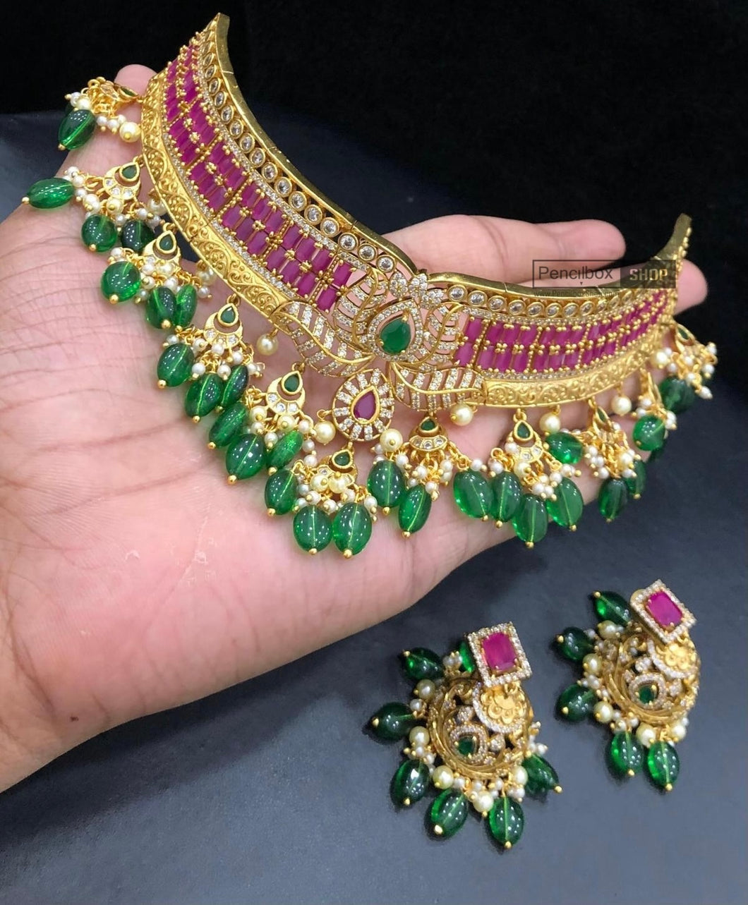 Premium Ruby green golden cz kemp stone Choker Necklace set Temple Jewelry