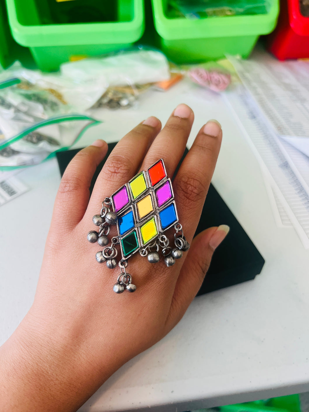 Afghani Adjustable  Multicolor Ring ghungroo oxidised