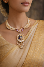 Load image into Gallery viewer, Purple Pink Mother of Pearl Kundan silver Foiled Kundan Pearl Necklace set
