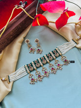 Load image into Gallery viewer, Multicolor cz kundan Ruby green tassel premium choker necklace set
