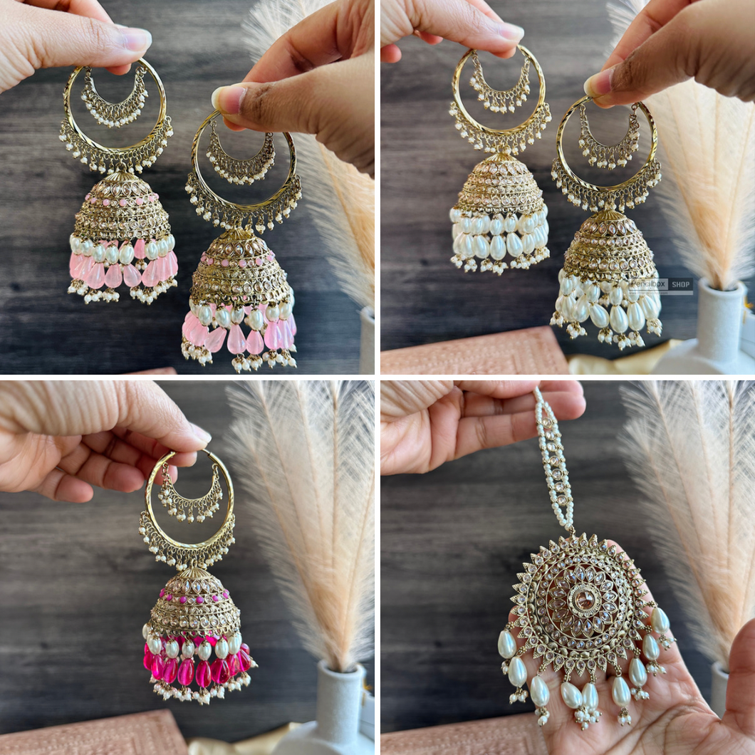 Big Jumbo polki Bahubali pearl jhumki earrings with maangtikka