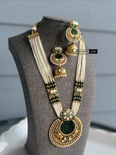 Load image into Gallery viewer, Long White pearl Long elephant Necklace set Temple Jewelry
