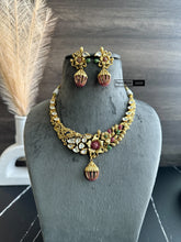 Load image into Gallery viewer, Dainty Silver Foiled Kundan Multicolor Real Kemp Stone Cz Stone Flower  necklace set
