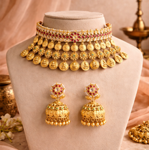 Load image into Gallery viewer, Ruby White Gold plated 1gm Lakshmi choker ethnic temple necklace set
