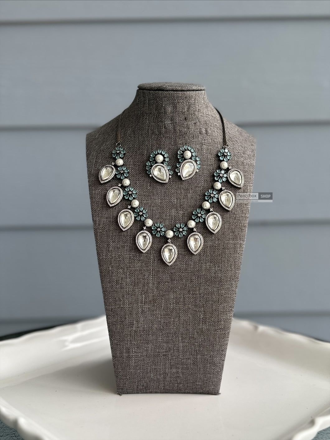 Maya Blue Uncut Kundan American diamond pearl Necklace set
