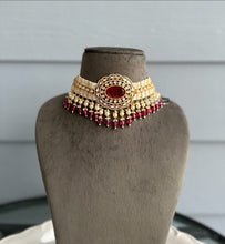 Load image into Gallery viewer, Exclusive Red White Doublet Pearl tayani 22k gold plated choker necklace set
