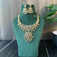 Load image into Gallery viewer, Golden Purple Peacock Kundan Polki Temple ethnic Necklace set
