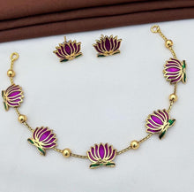 Load image into Gallery viewer, TRENDING enamel Meenakari Lotus Golden Necklace set
