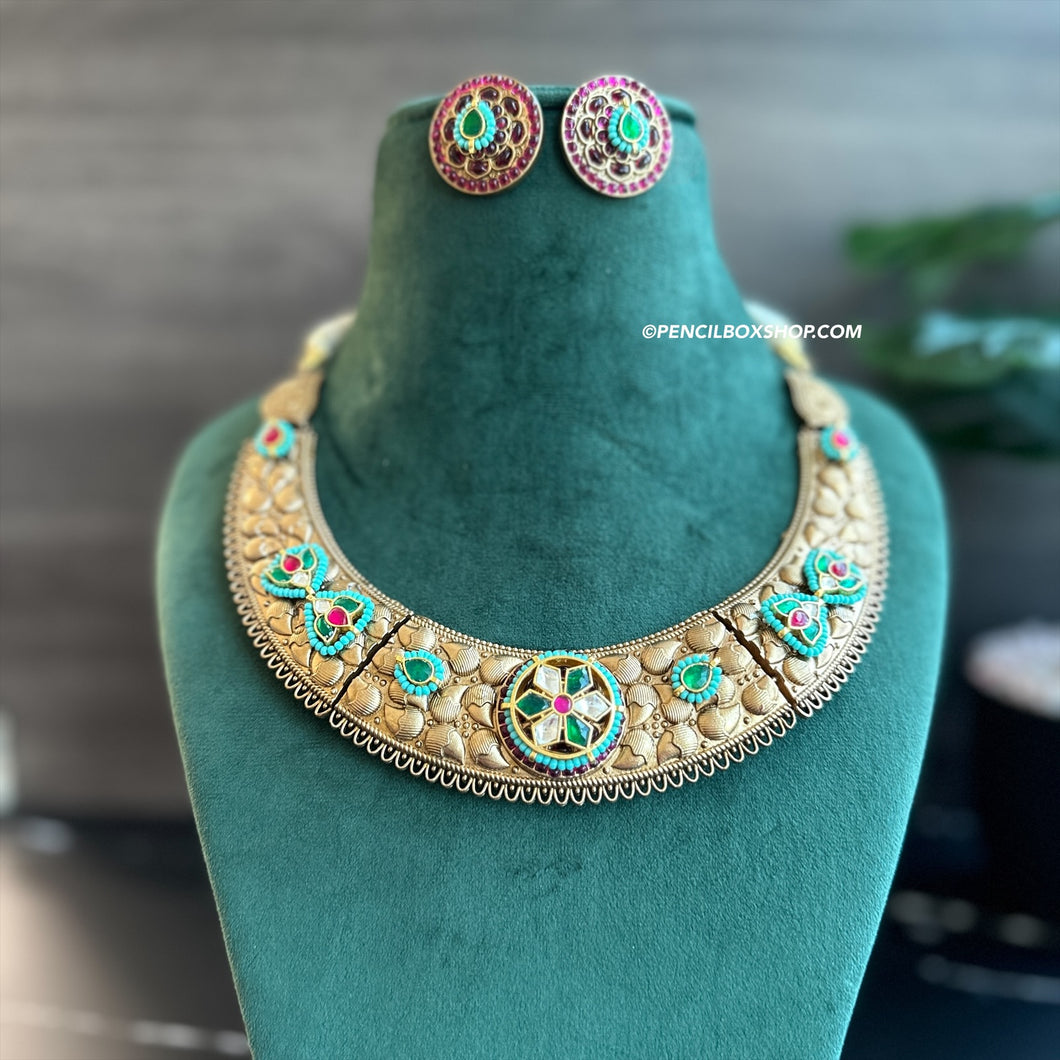 Golden antique German silver Pachi Fusion Multicolor Necklace set