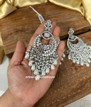 Load image into Gallery viewer, Silver Mirror Big Pearl Long Earrings with Maangtikka
