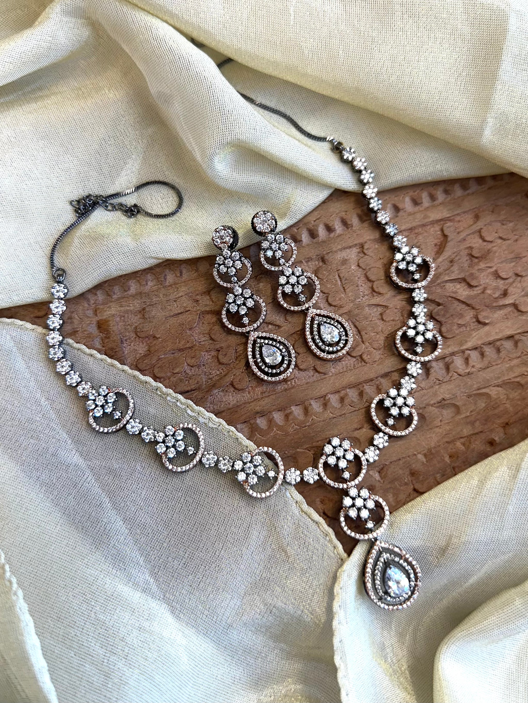 Victorian Finish dainty American Diamond Necklace set