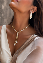Load image into Gallery viewer, Golden Pearl Long Dainty Solitaire Baguette Necklace set

