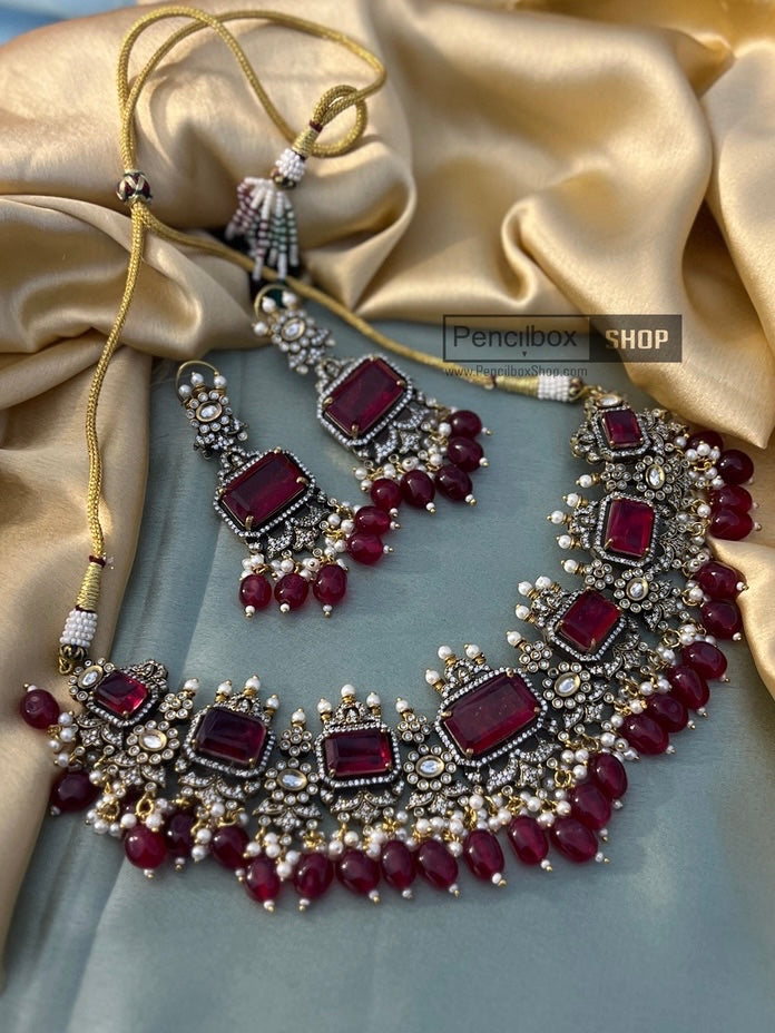 Designer Victorian Finish American Diamond Choker Necklace set
