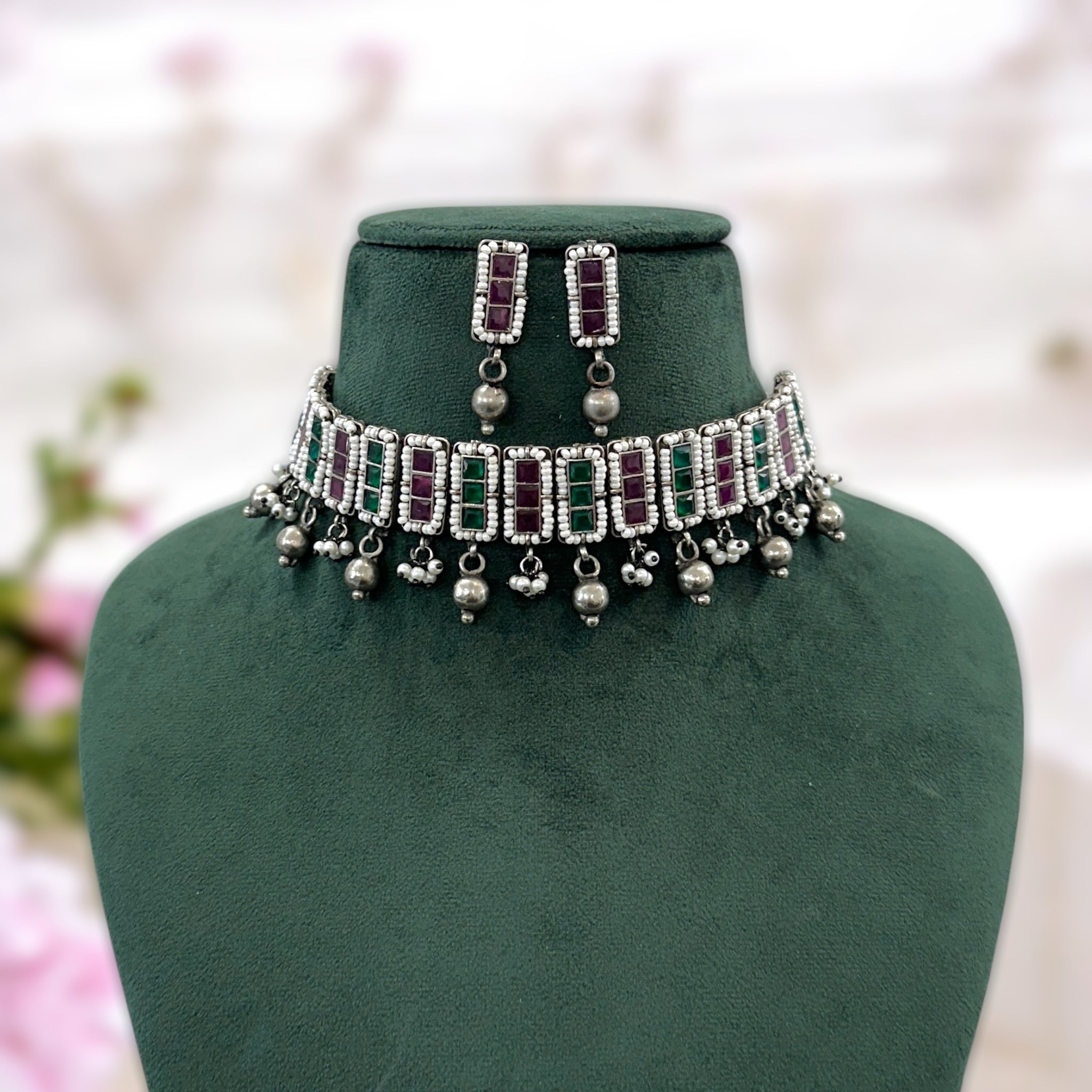 Afghani Ruby green German Silver Ghungroo Choker Necklace set