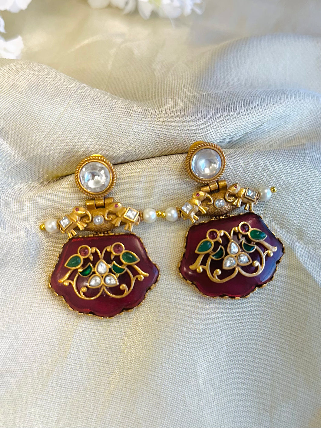 Red Inlay work moissanite elephant Earrings