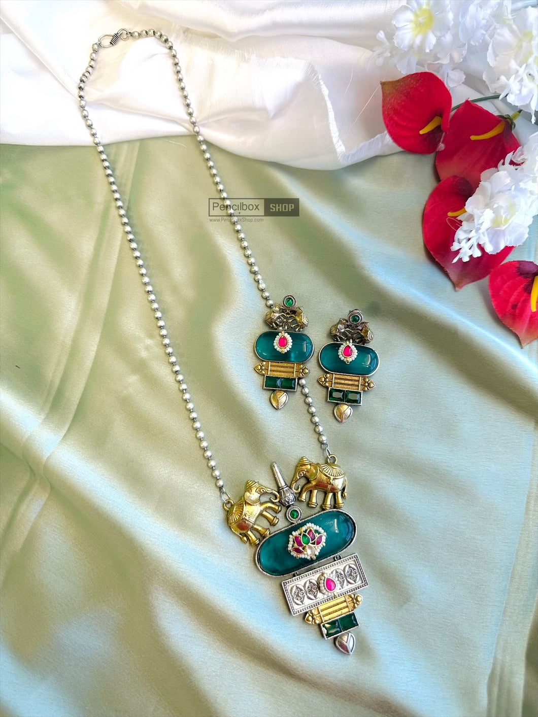 German silver Elephant Blue Multicolor Pachi kundan Long Necklace set