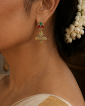 Load image into Gallery viewer, Ruby green Small Kemp Stone Brass Jhumka Earrings
