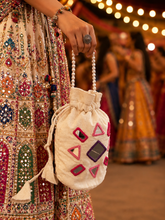 Load image into Gallery viewer, Handmade Mirror pink shades Cotton pearl potli bag
