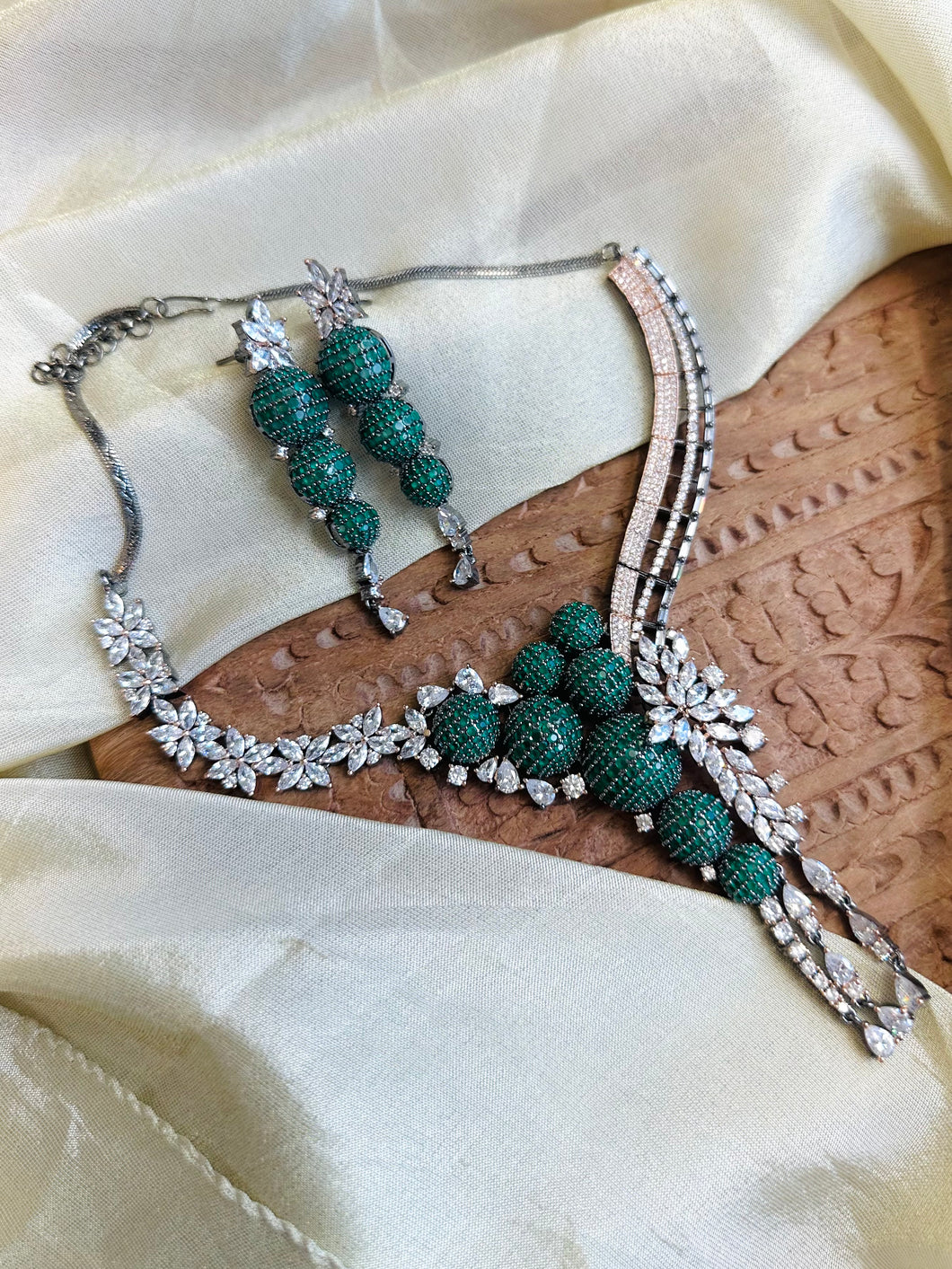 Emerald Green Invisible American Diamond Designer Dua tone  Necklace set