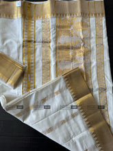 Load image into Gallery viewer, Onam Special Ivory Golden Lotus Cotton Kerala saree
