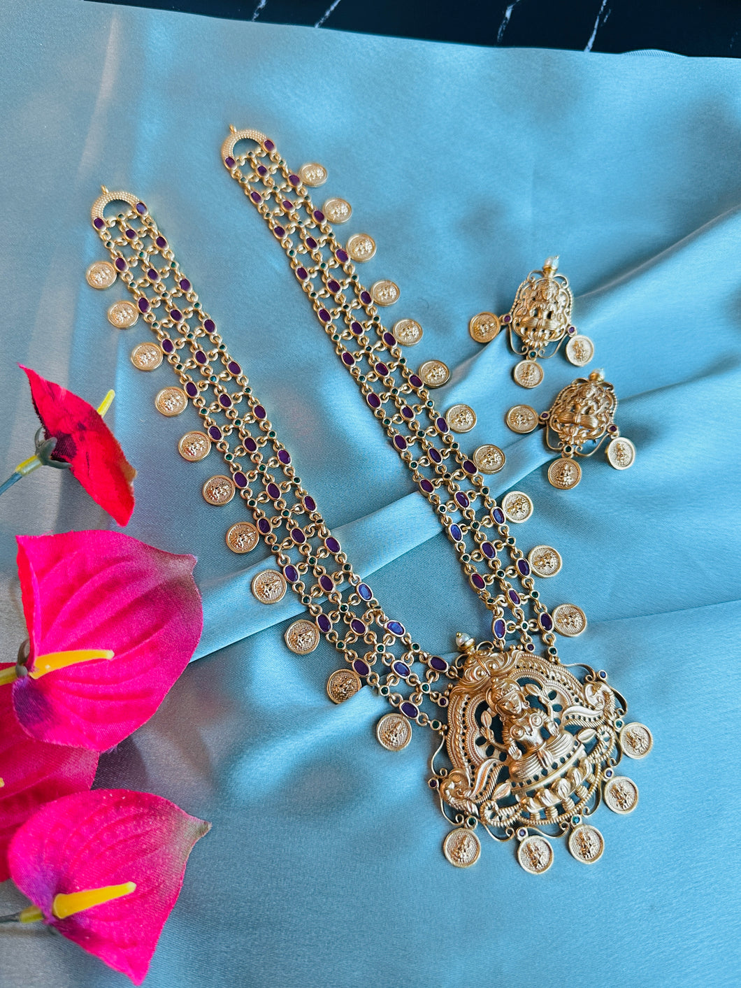 Long Haram Ruby Green mala Lakshmi Ji Long Necklace set Temple Jewelry
