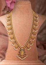 Load image into Gallery viewer, TRENDING Kemp Stone Cz Lakshmi ji Long Guttapusalu Pearl Necklace set
