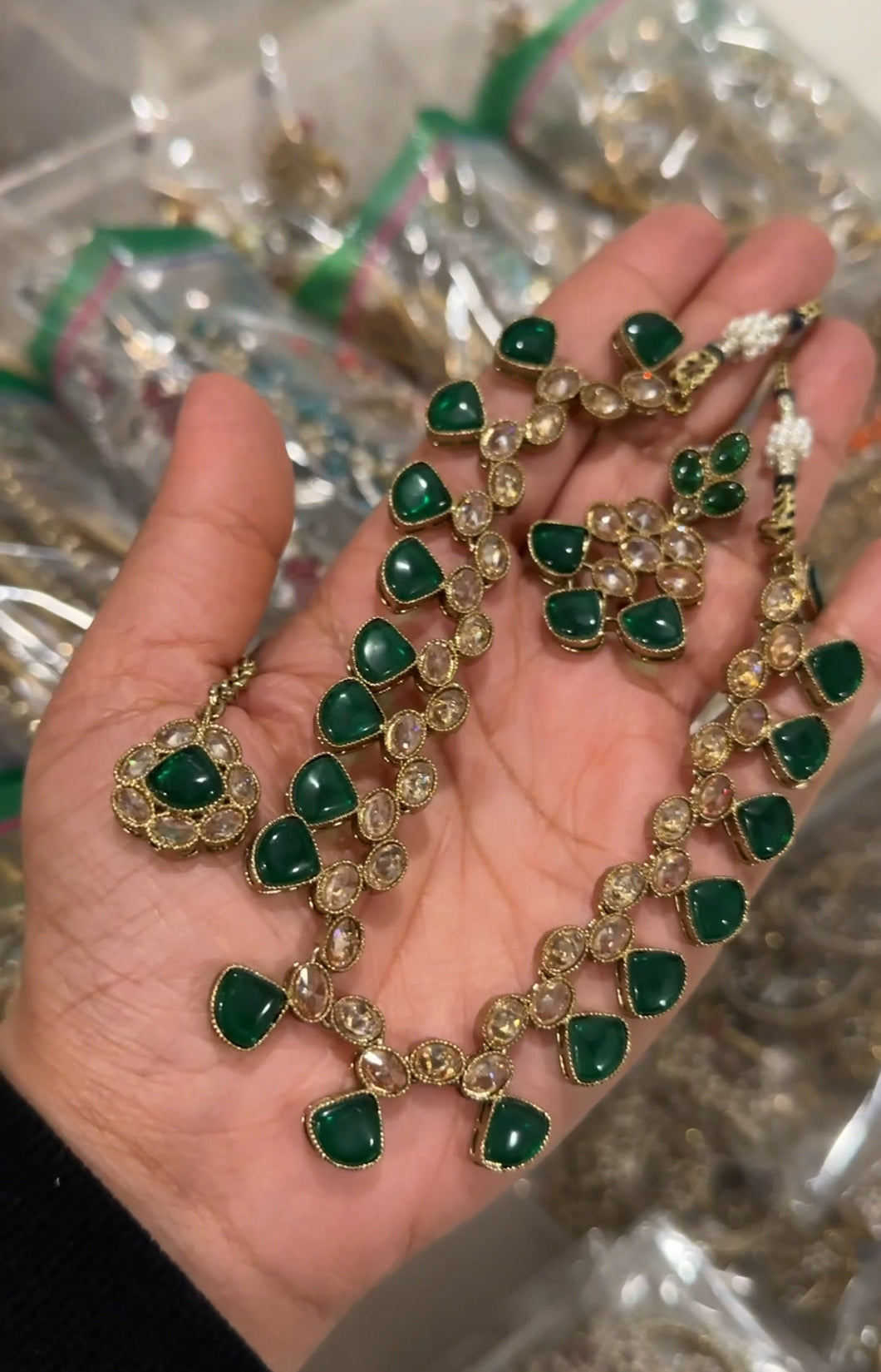Green Kundan Polki Necklace Set with Maangtikka