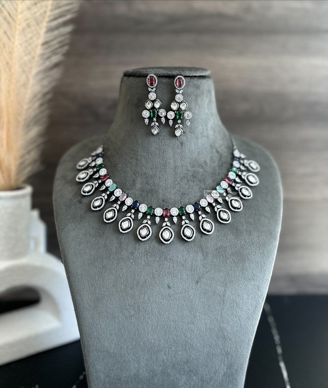 Srish Multicolor Victorian American Diamond Drop Necklace set