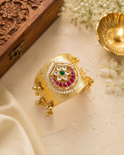 Load image into Gallery viewer, Golden Pachi Kundan silver Lookalike German silver Cuff Kada

