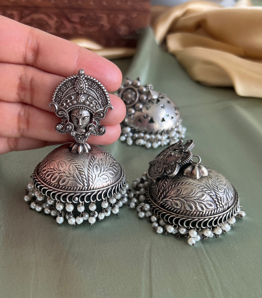 German Silver Pearl Durga Face Jhumka Earrings