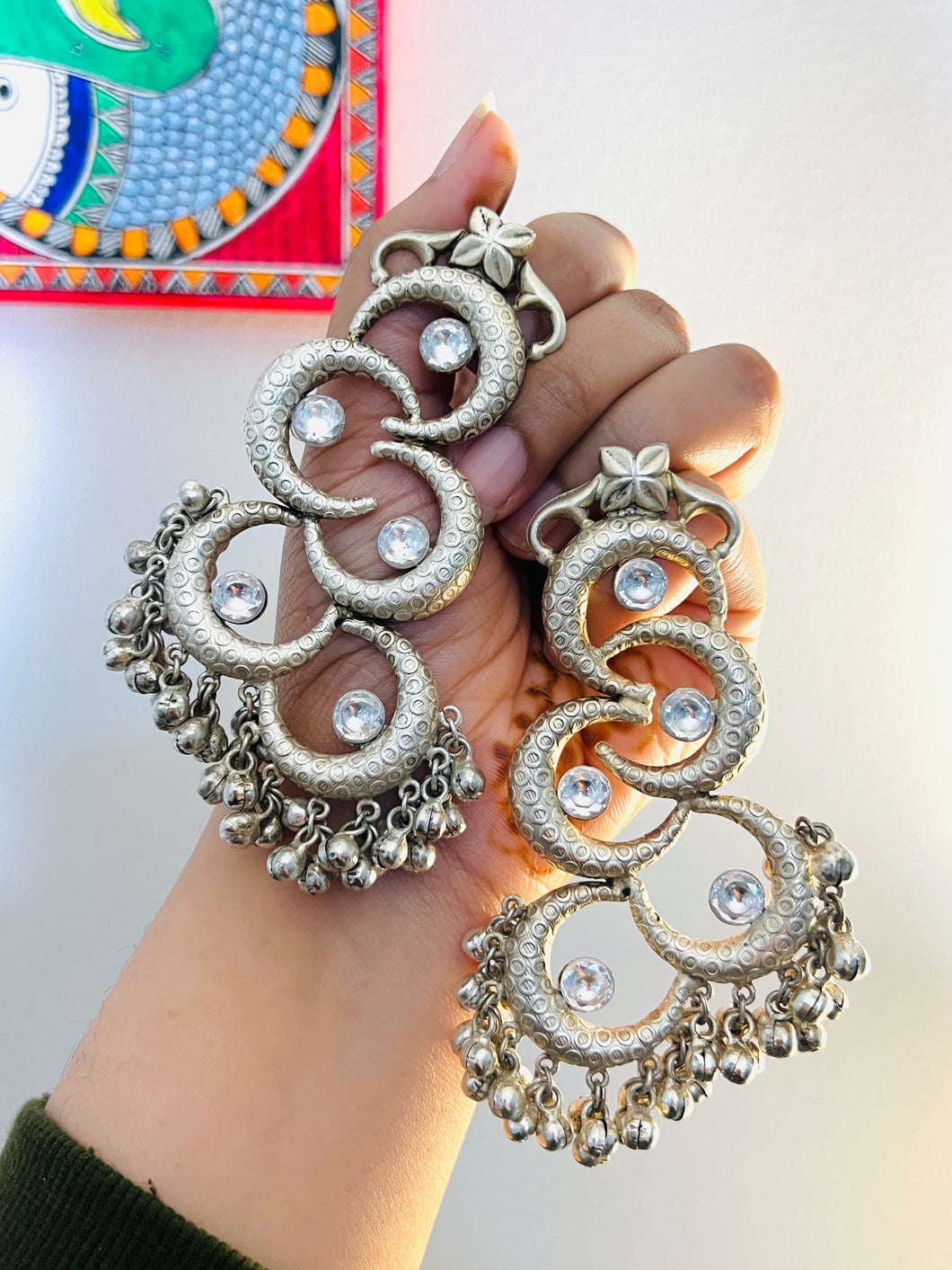 92.5 silver coated Designer White german  silver ghunghroo earrings