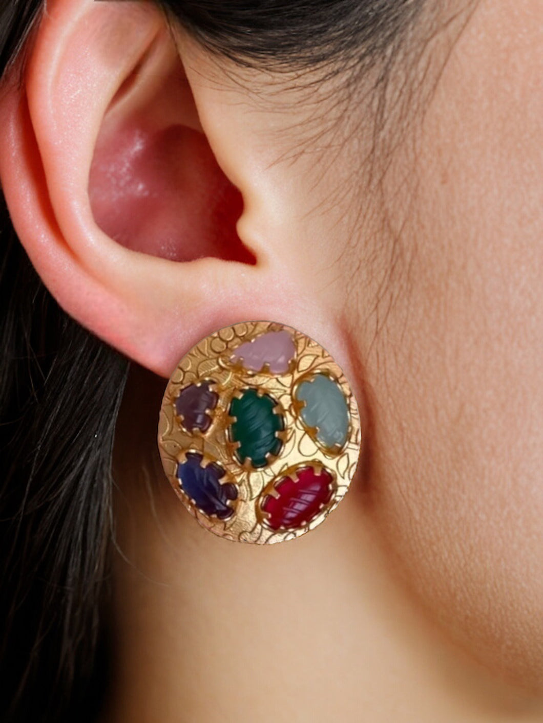 Designer kundan Real stone Navratna Multicolor with silver Foiled Stud earrings