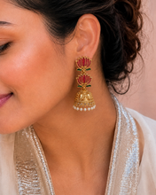 Load image into Gallery viewer, VIRAL LOTUS ENAMEL JHUMKA EARRINGS
