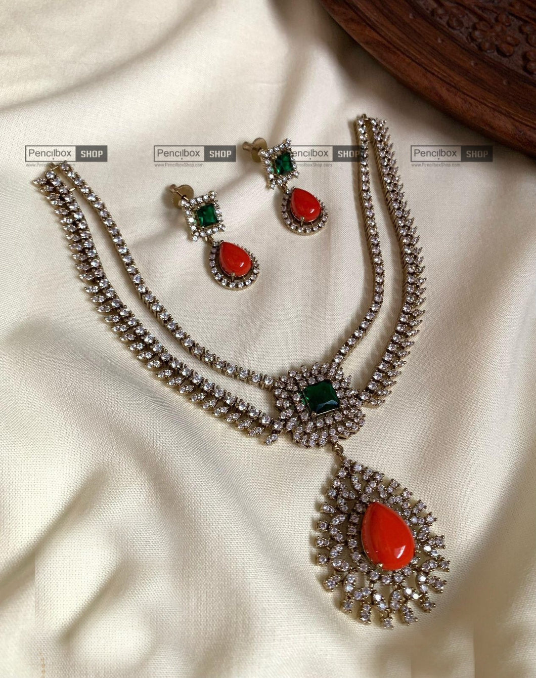 Coral Green Cz Premium Temple Necklace set