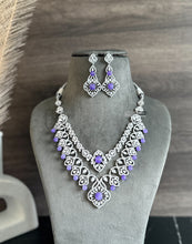 Load image into Gallery viewer, Purple Double layered designer Silver Finish American Diamond Necklace set
