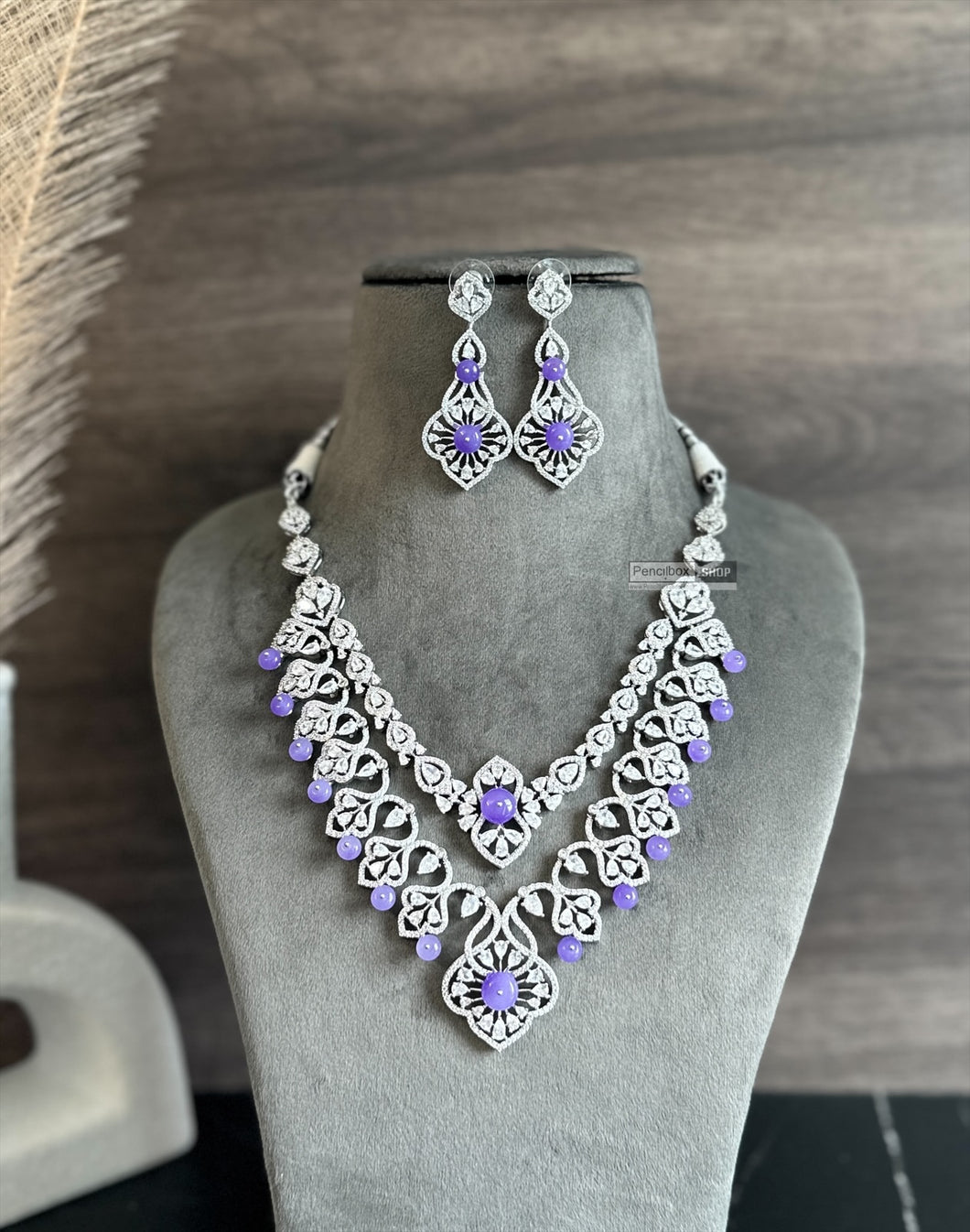 Purple Double layered designer Silver Finish American Diamond Necklace set